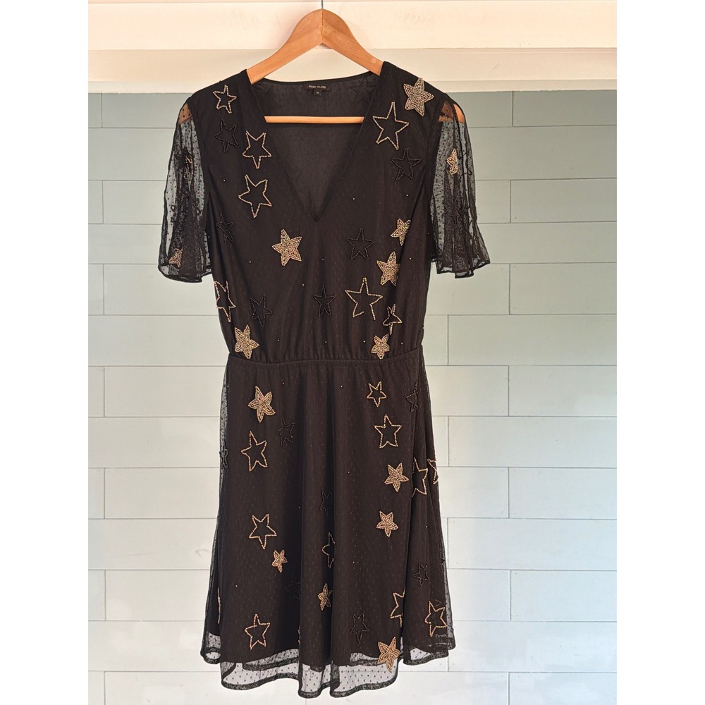 River Island Black Star Beaded Mesh Mini Dress V-Neck Celestial Gold Size 10
